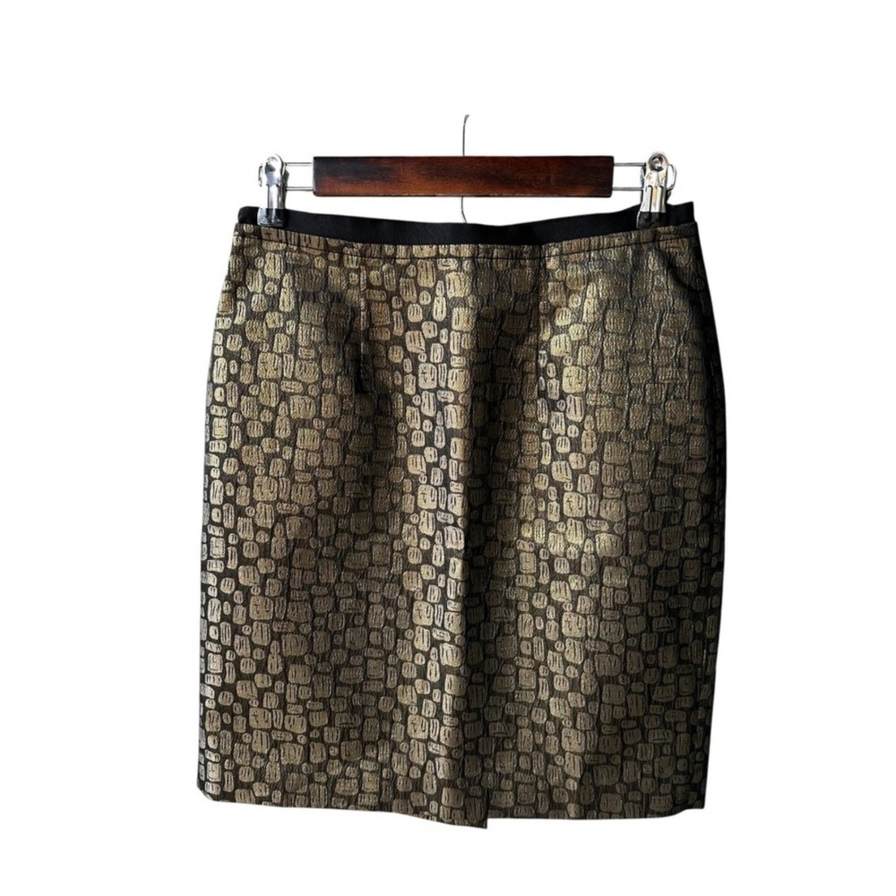 Ann Taylor LOFT Pencil Skirt Gold Metallic Geometric Black Business Sz 4 Petite
